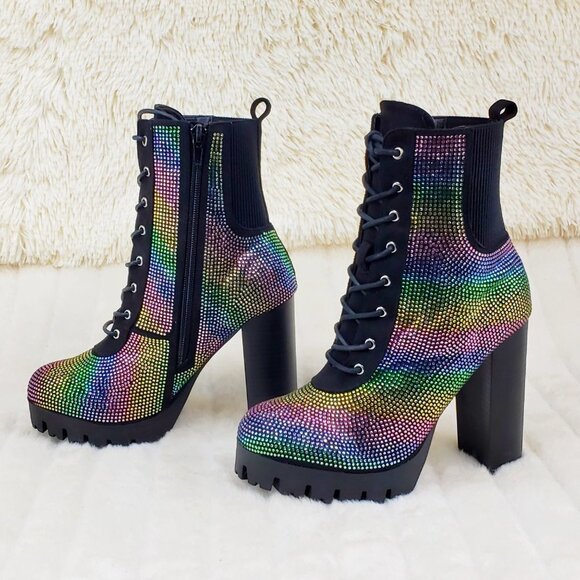 Rainbow Sparkle Rhinestone Chunky High Heel Ankle Boots - Picture 13 of 17